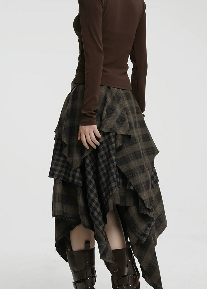 ASYMMETRIC CHECK DRAPE SKIRT / LG1424