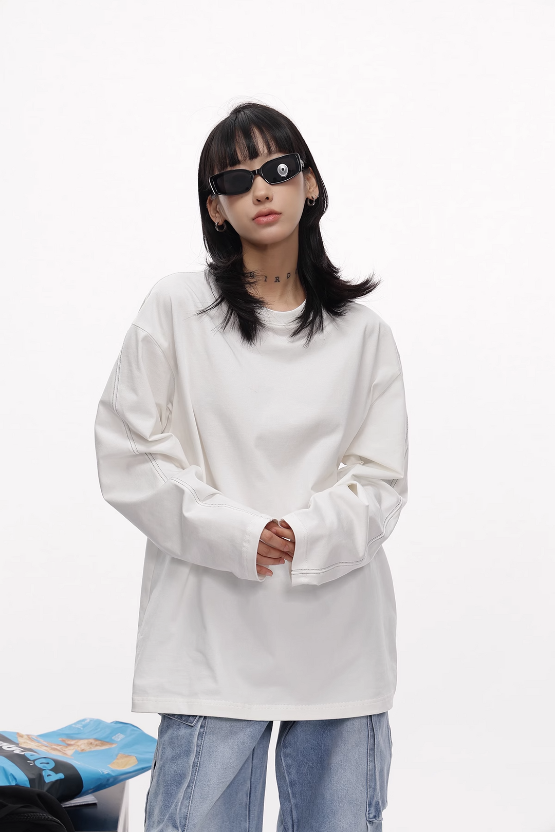 White line loose long sleeve T-shirt / AS1112