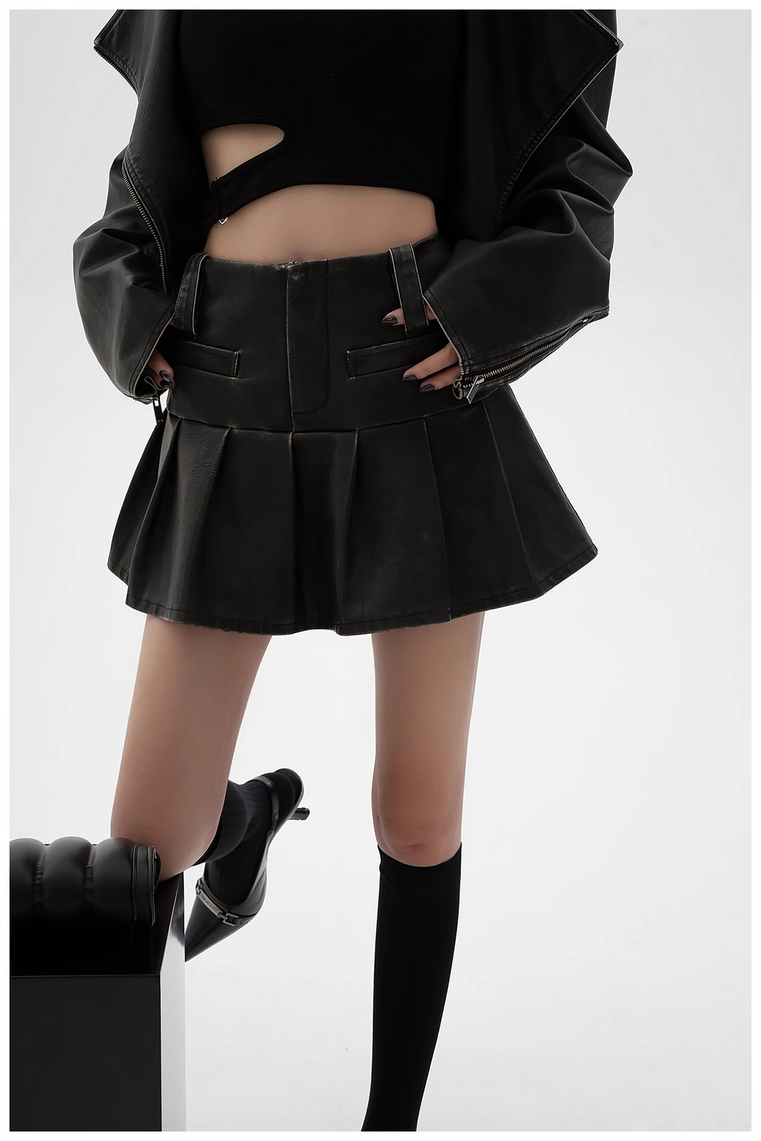 pu leather pleated skirt/sr1103