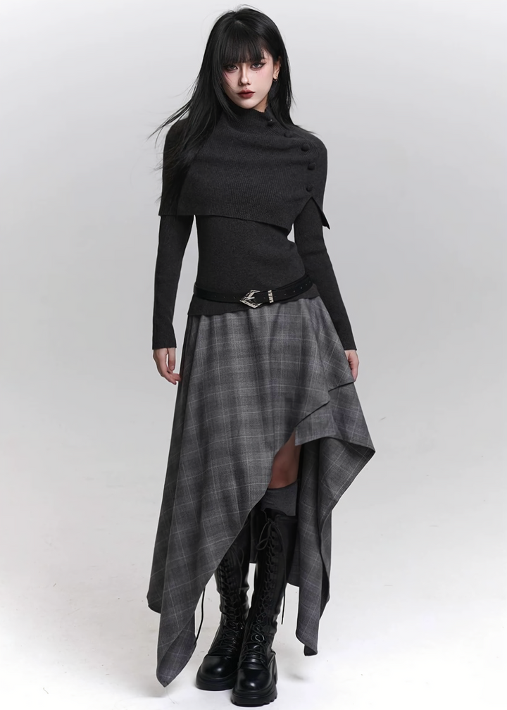 ASYMMETRIC SHADOW CHECK SKIRT / LG1470
