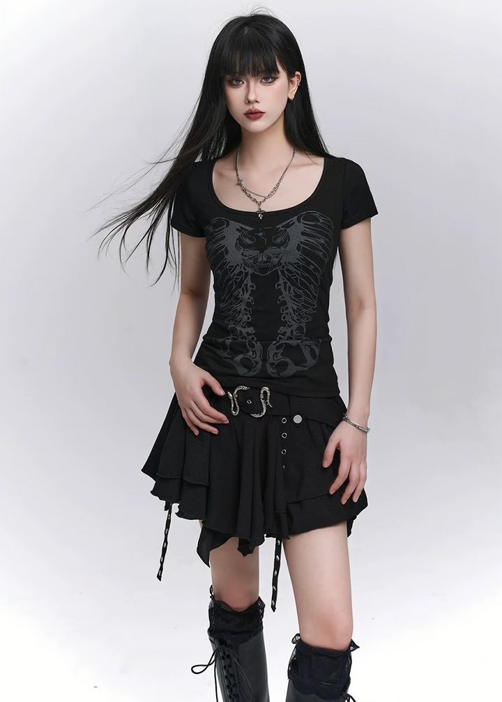 Dark skull rib print T-shirt / lg1270