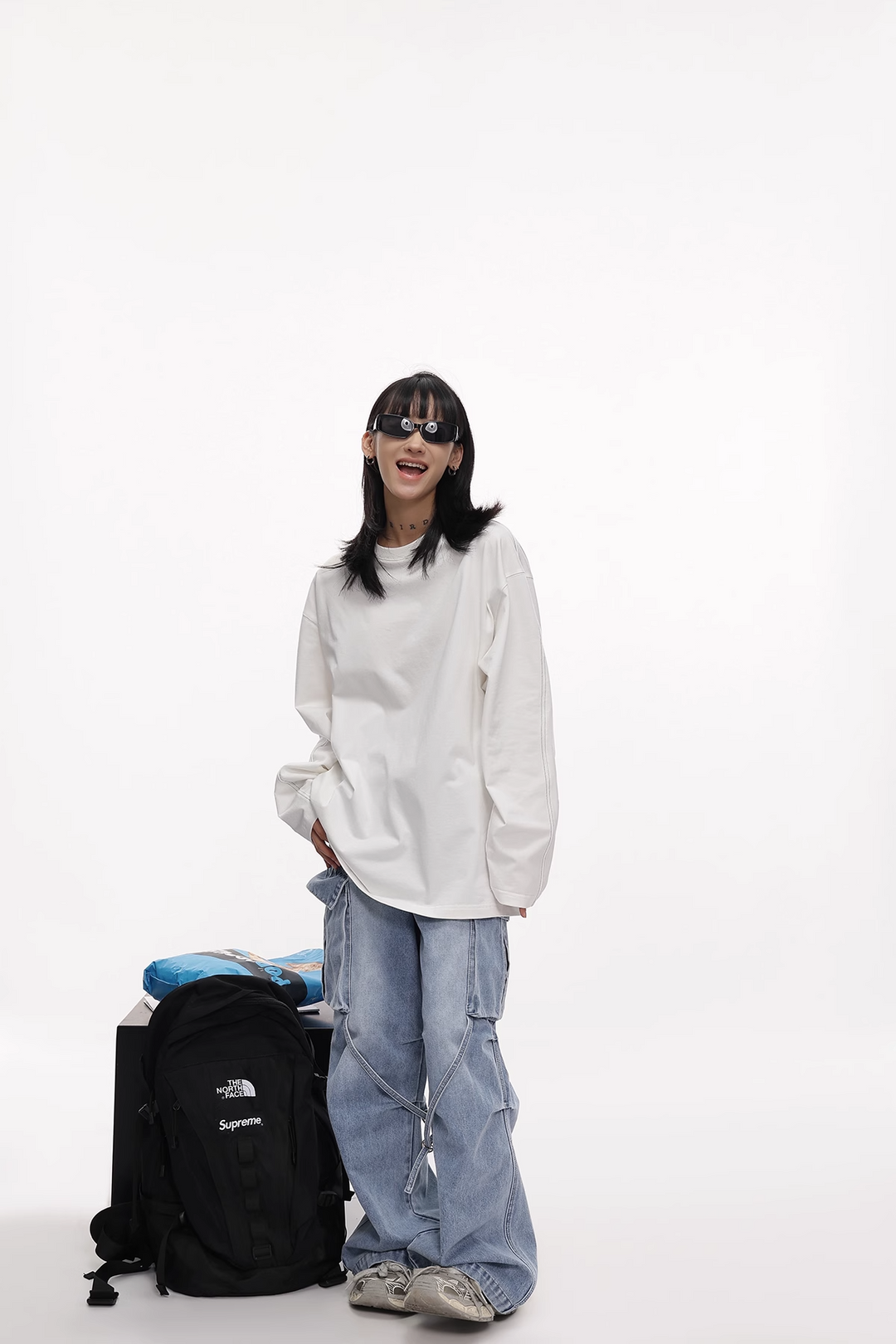 White line loose long sleeve T-shirt / AS1112