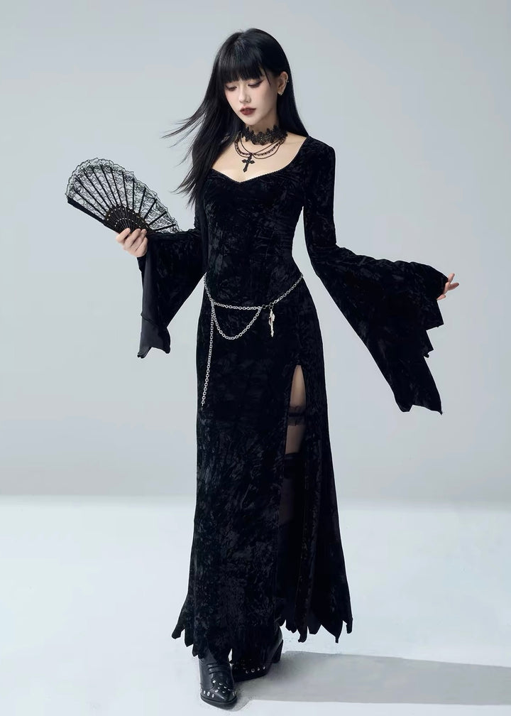 VELVET BELL SLEEVE SLIT LONG DRESS / LG1730