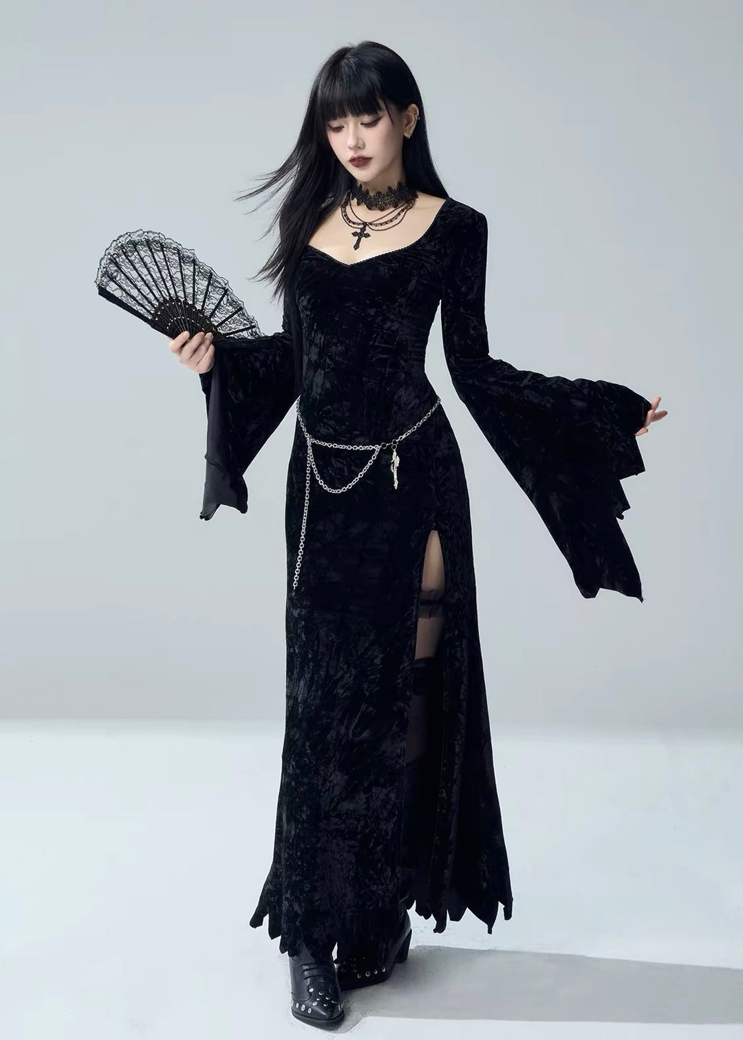 VELVET BELL SLEEVE SLIT LONG DRESS / LG1730
