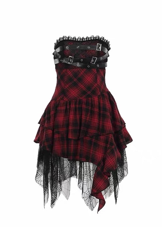 GOTHIC PLAID BUCKLE ASYMMETRIC MINI ONEPIECE / LG1686