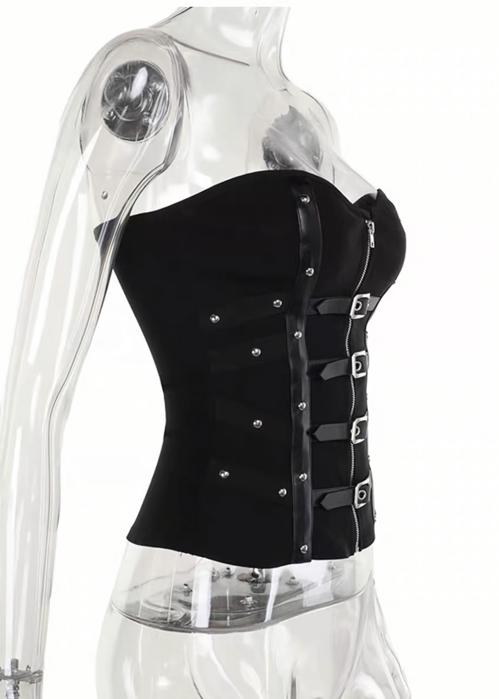 DARK BUCKLE BUSTIER TOP &amp; ASYMMETRIC LONG SKIRT / LG1667