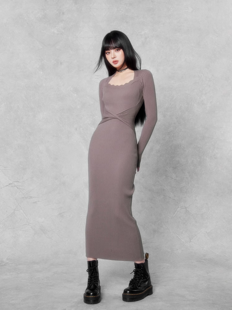 slim rib knit dress/vo1110