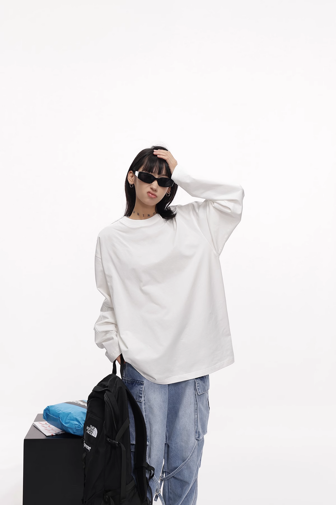 White line loose long sleeve T-shirt / AS1112