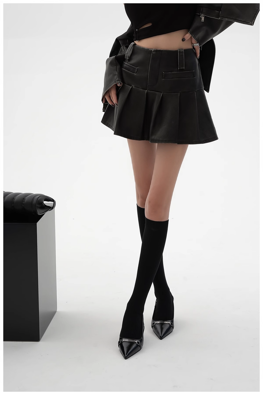 pu leather pleated skirt/sr1103