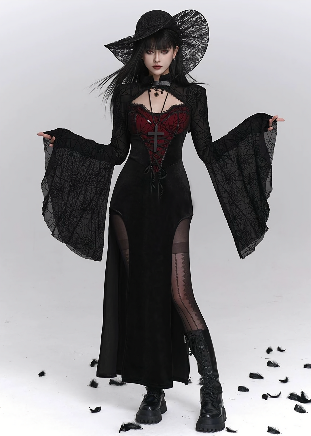 Crimson Web Lace-up Gothic Dress  & Cardigan  / LG1410