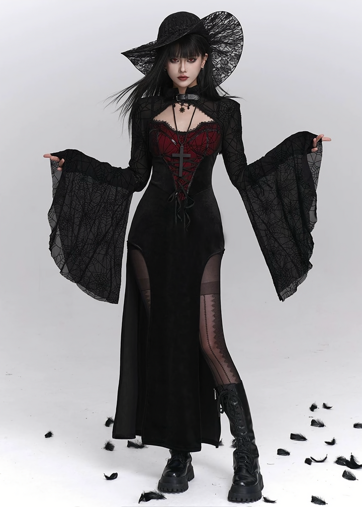 Crimson Web Lace-up Gothic Dress  & Cardigan  / LG1410
