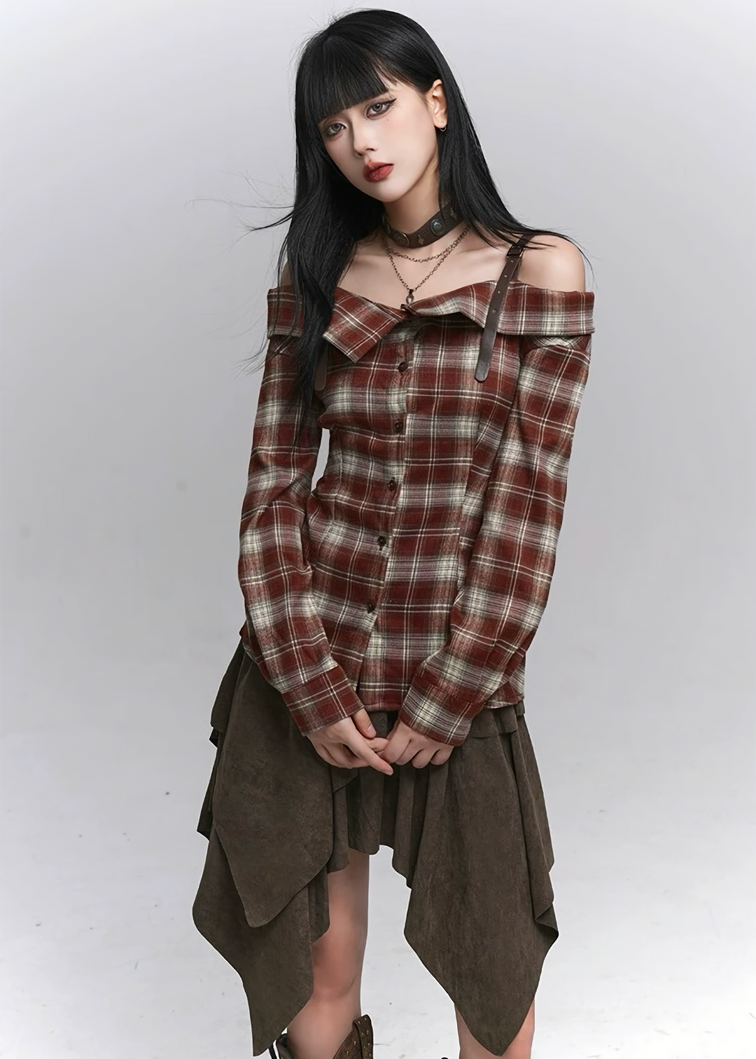 Plaid Off-Shoulder Strap Shirt / lg1366