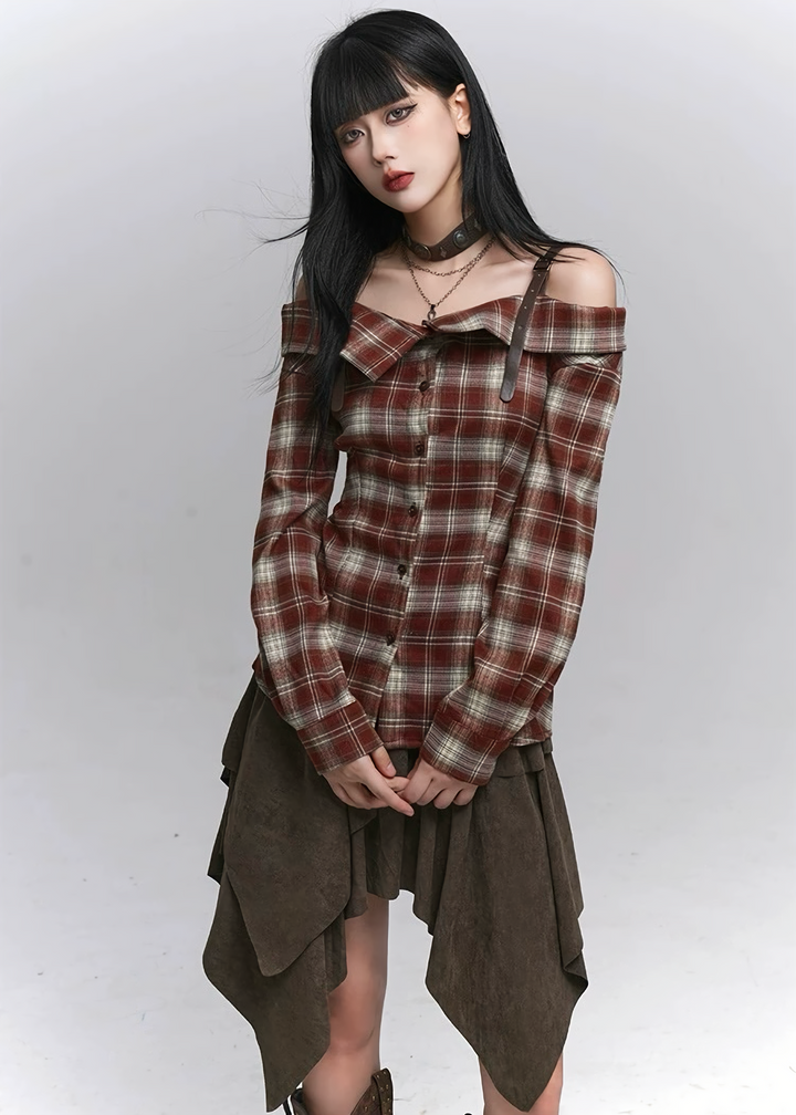 Plaid Off-Shoulder Strap Shirt / lg1366