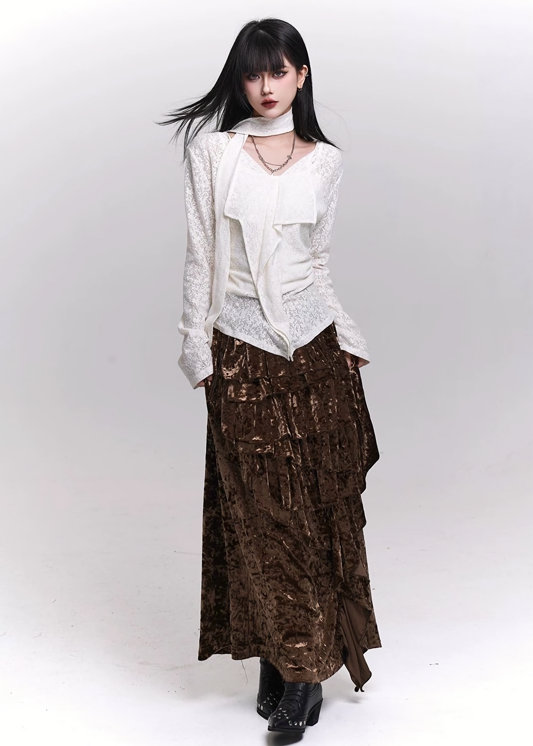 VELVET CASCADE RUFFLE MAXI SKIRT / LG1479