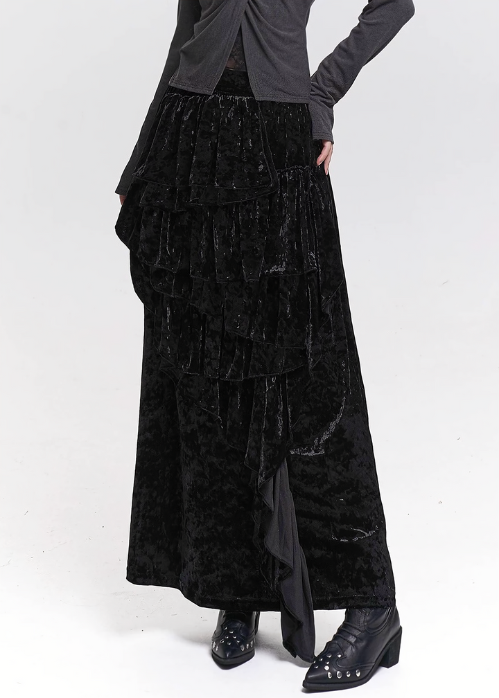 VELVET CASCADE RUFFLE MAXI SKIRT / LG1479
