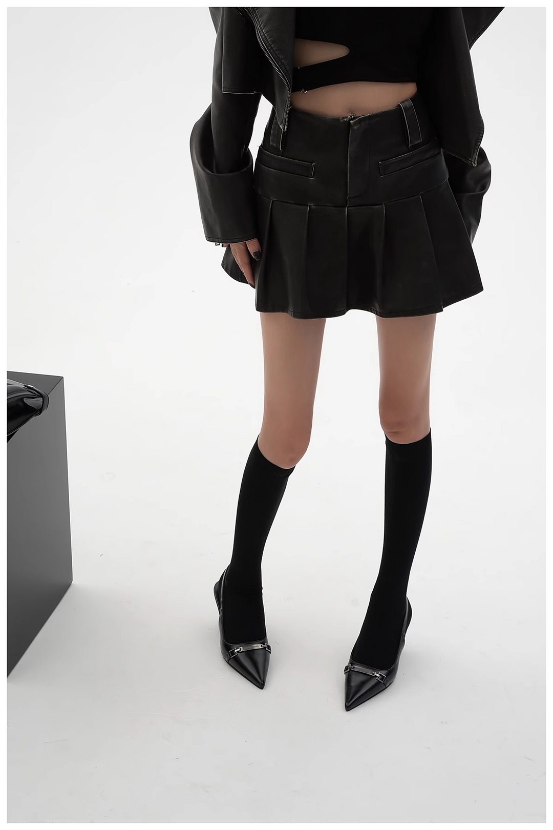 pu leather pleated skirt/sr1103