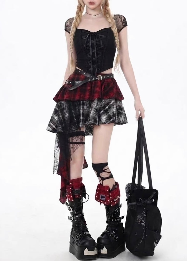 DARK LACE-UP TOP &amp; ASYMMETRIC PLAID SKIRT SET / LG1685