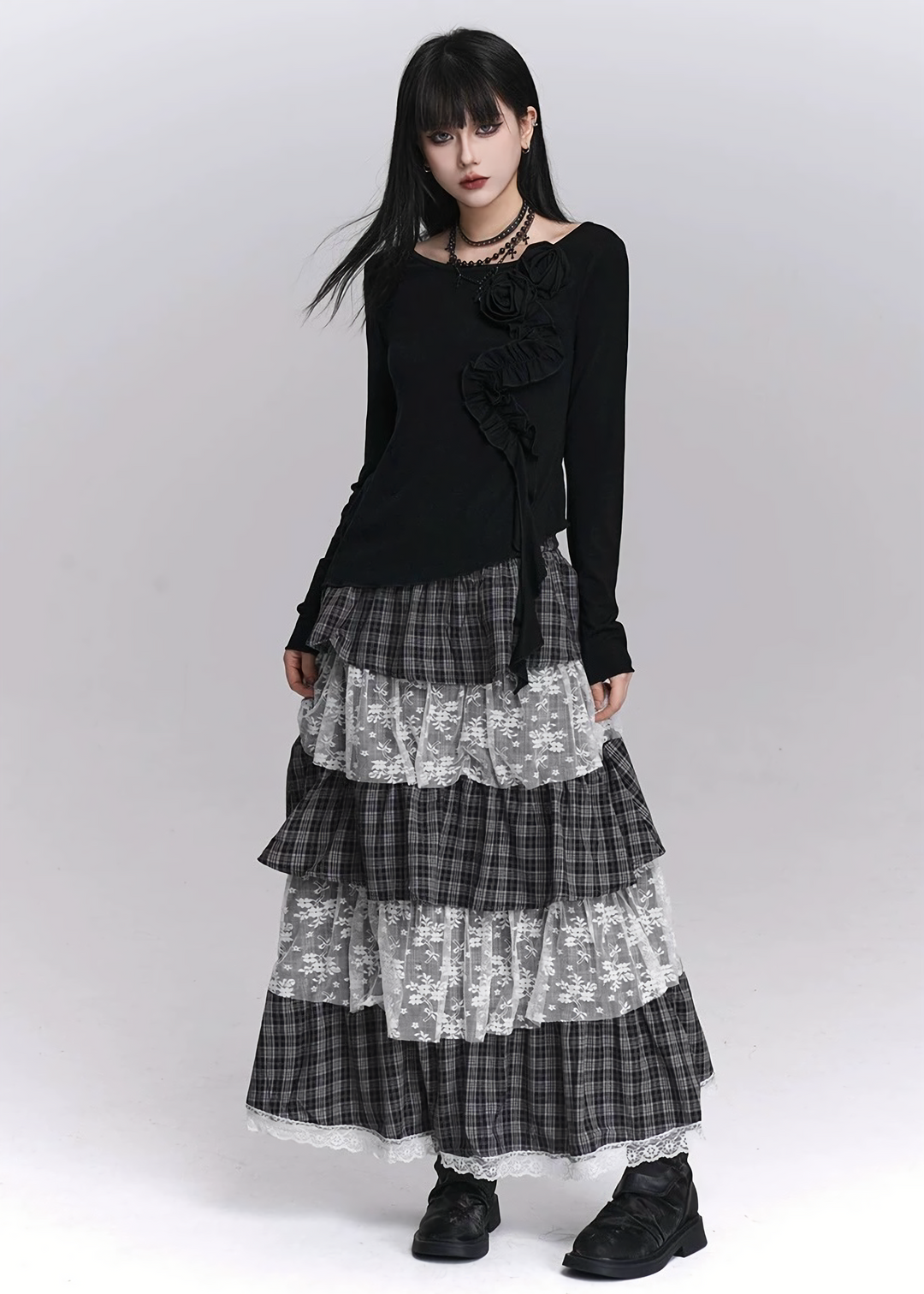 TIERED CHECK LACE LONG SKIRT / LG1415