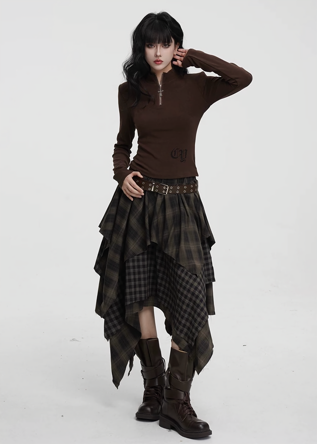 ASYMMETRIC CHECK DRAPE SKIRT / LG1424