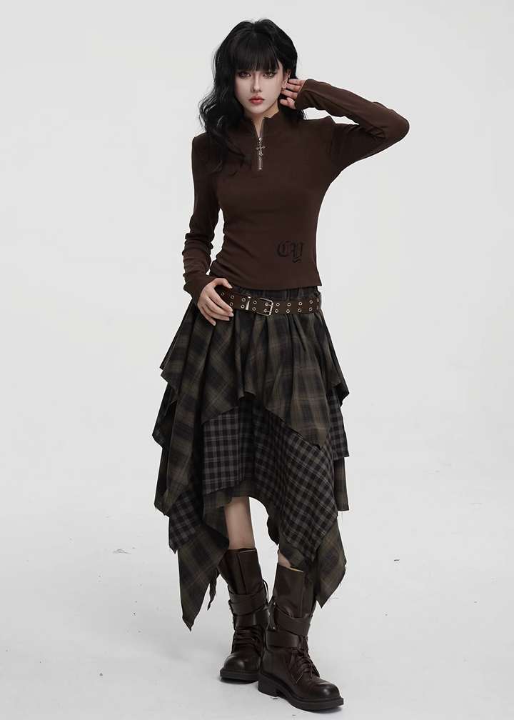 ASYMMETRIC CHECK DRAPE SKIRT / LG1424