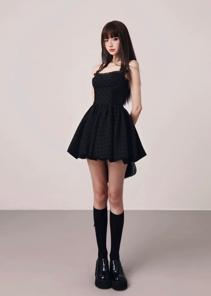 Dot black balloon mini dress / mu1124