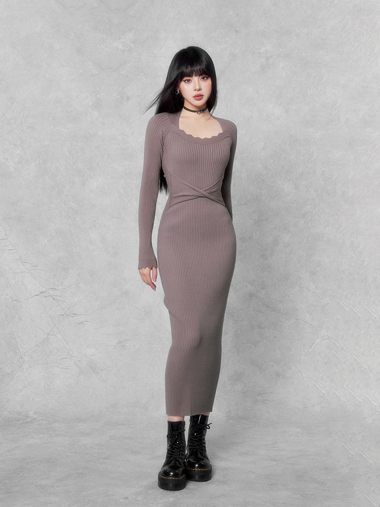 slim rib knit dress/vo1110