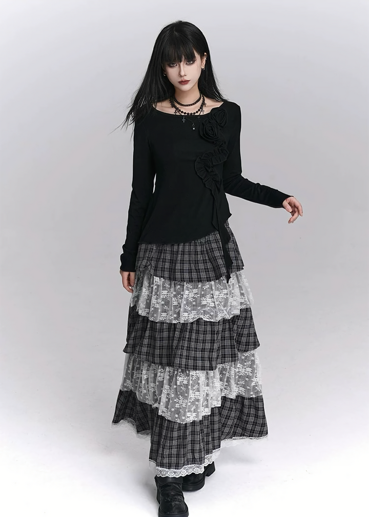 TIERED CHECK LACE LONG SKIRT/LG1415