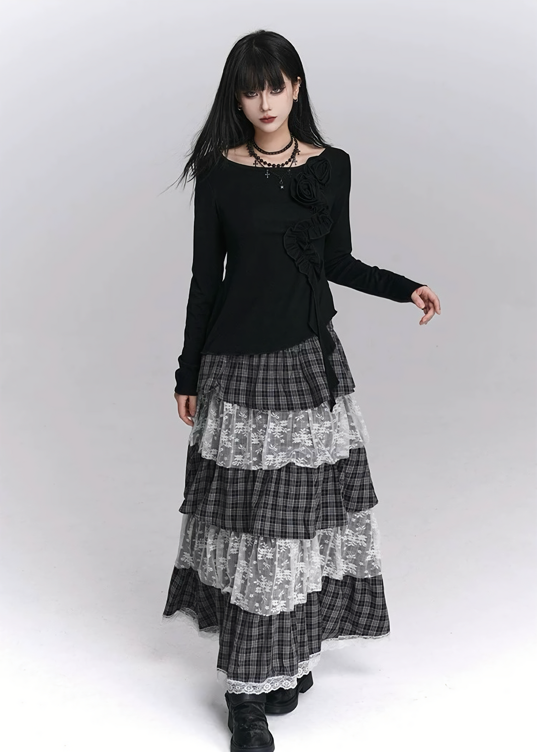 TIERED CHECK LACE LONG SKIRT / LG1415