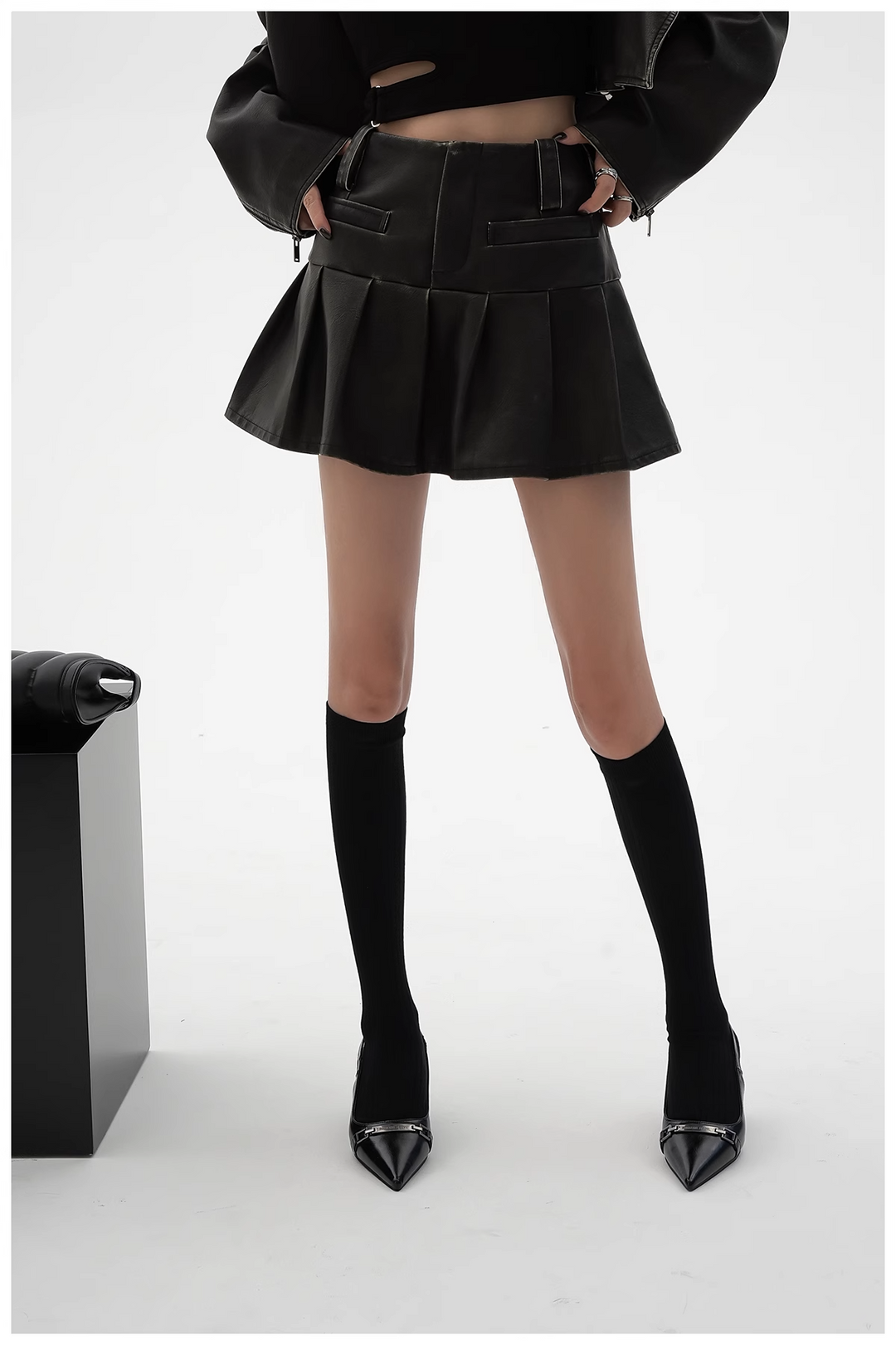 pu leather pleated skirt/sr1103