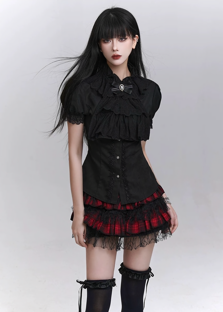 Lace-trimmed puff sleeve shirt / LG1301 
