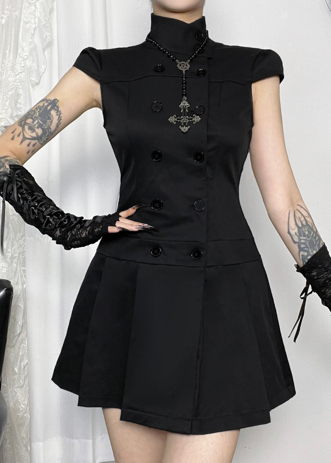 DARK DOUBLE-BREASTED PLEATED MINI DRESS / LG1694