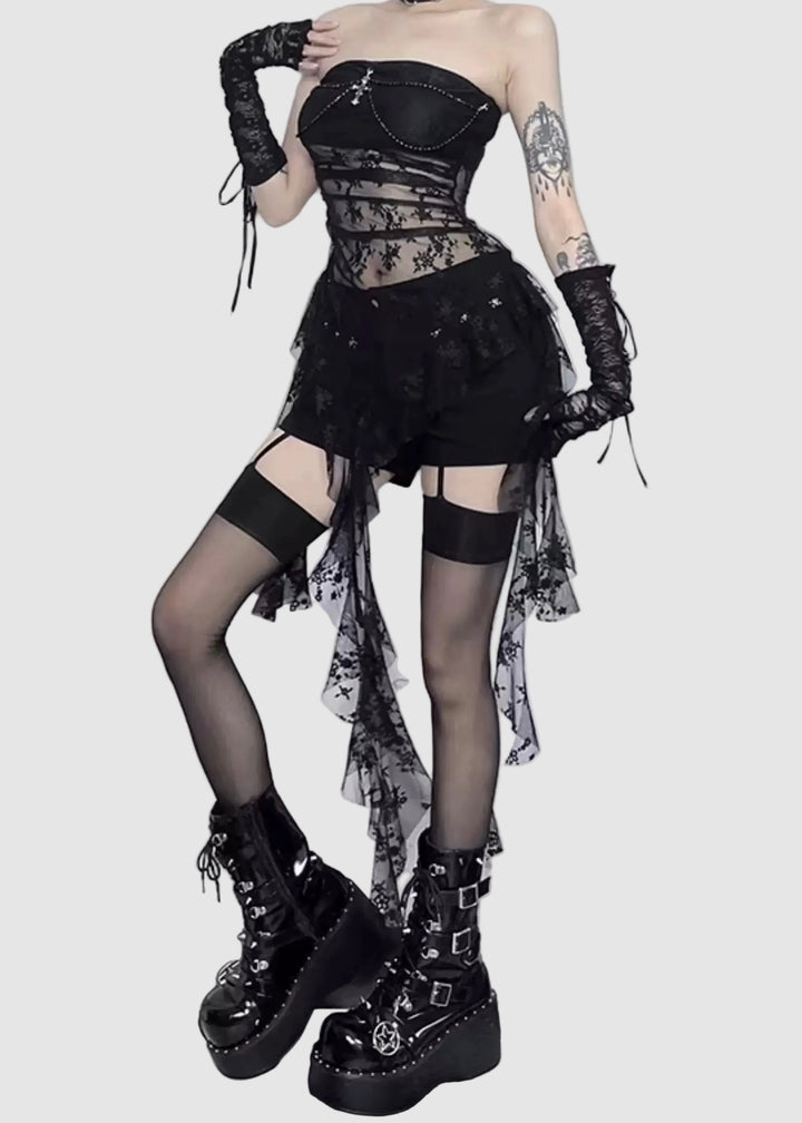 LACE CROSS DRAPE TULLE TOP / LG1587