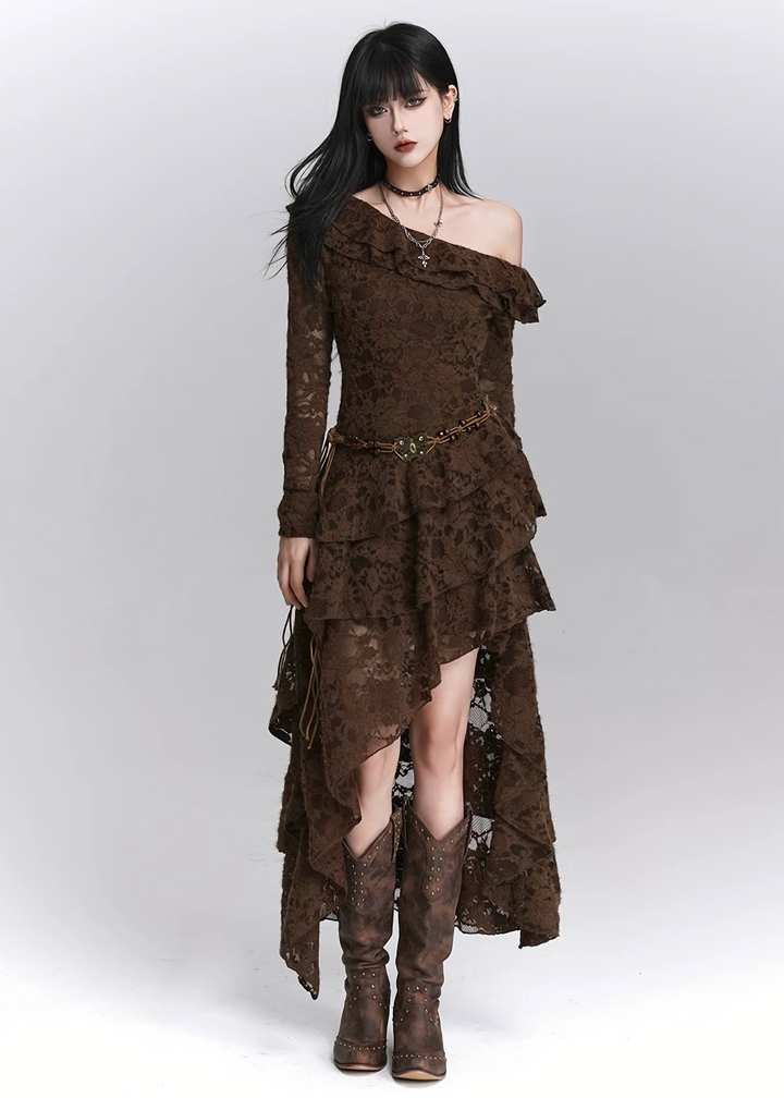 MOCHA LACE ASYMMETRY DRESS / LG1399