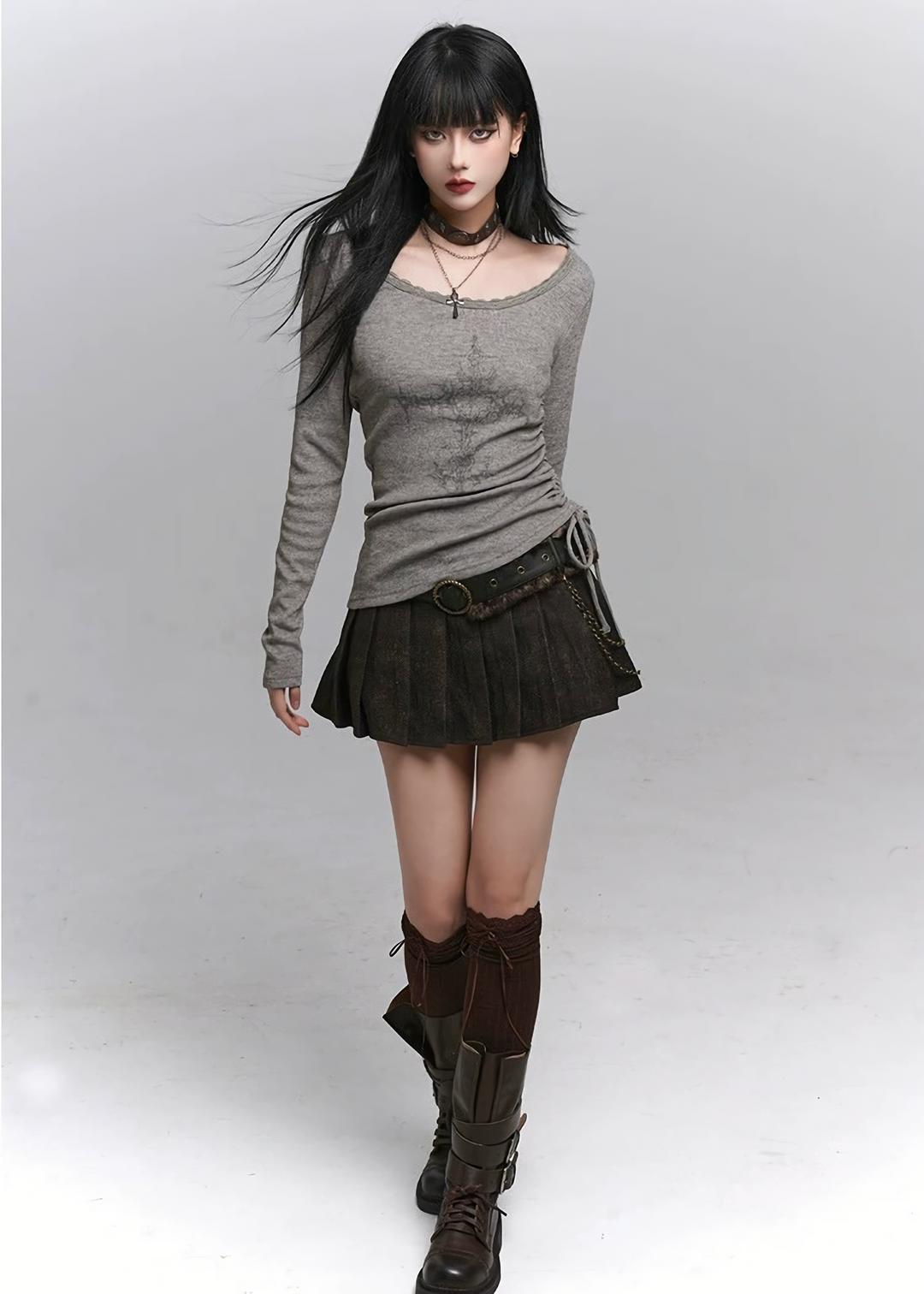 CHAIN BELT PLEATED MINI SKIRT / lg1333