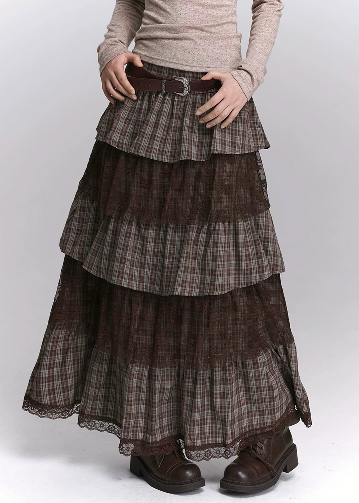 TIERED CHECK LACE LONG SKIRT/LG1415