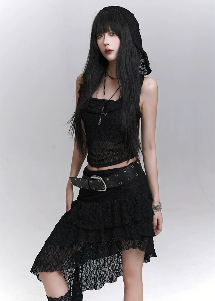 Sheer gathered hood cami &amp;amp; layered chiffon long skirt / lg1315 