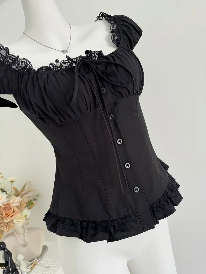 GOTHIC SQUARE NECK LACE PUFF SLEEVE TOP / LG1675