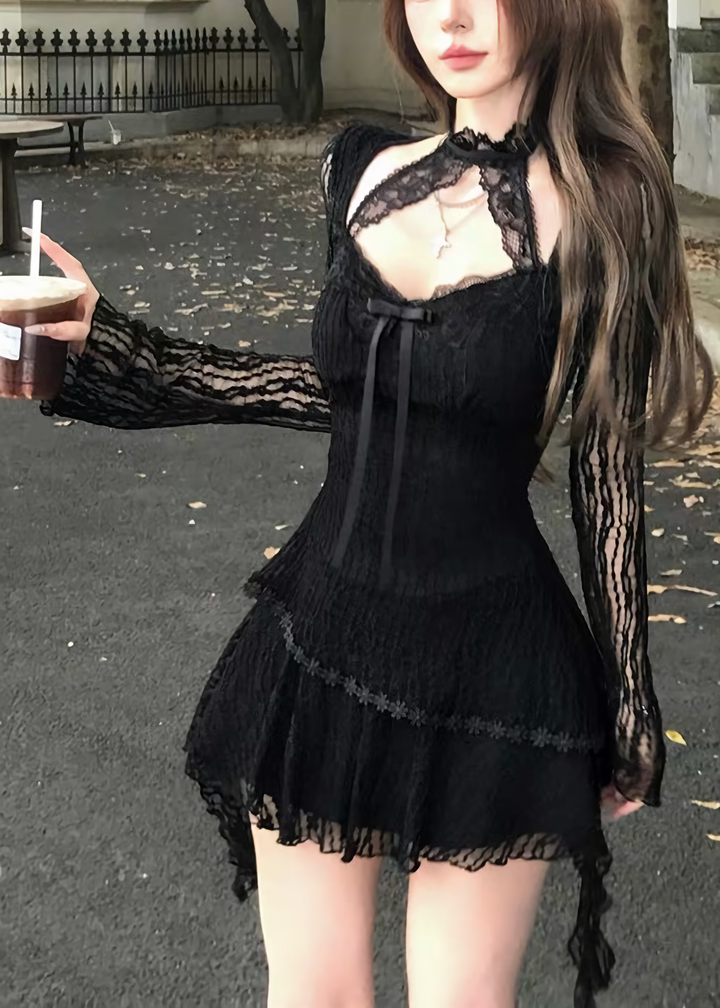 HALTER RIBBON LACE MINI DRESS / LG1714