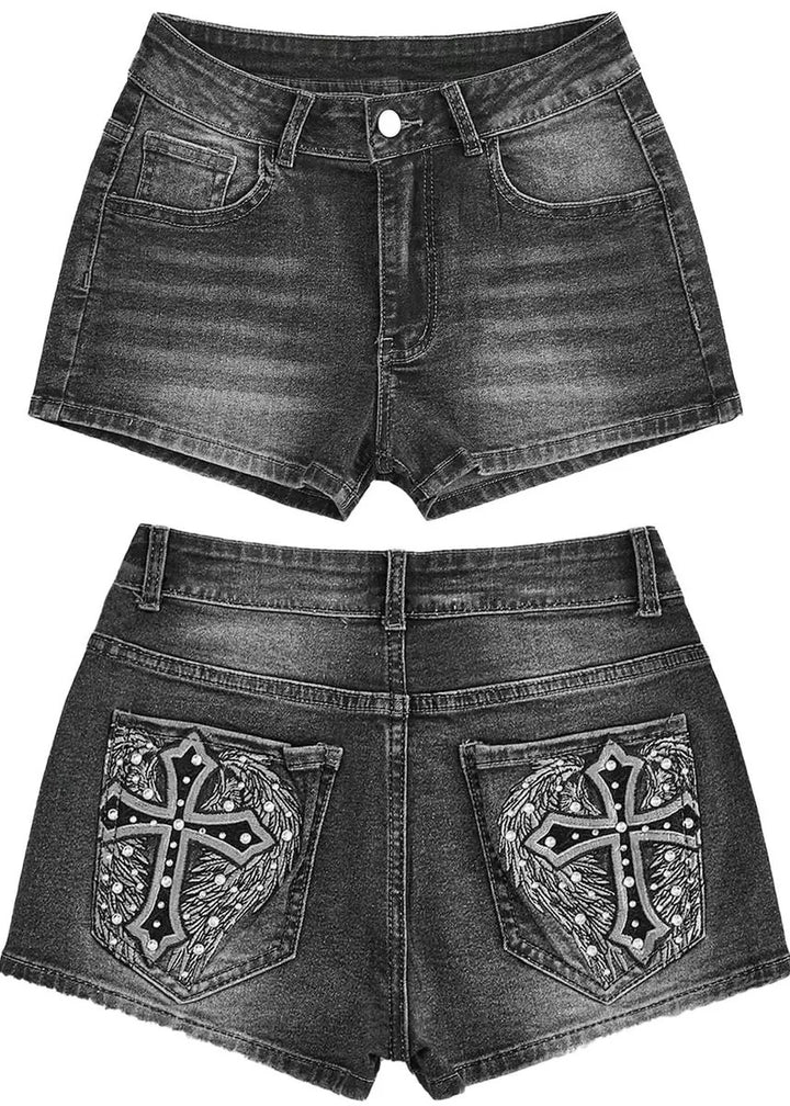 CROSS EMBROIDERY DENIM SHORT PANTS / LG1619_E4R