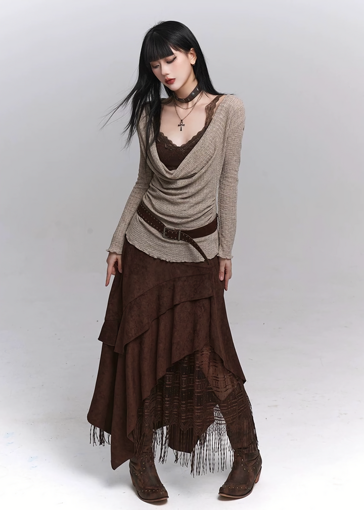 Drape neck x lace inner set top / lg1342 
