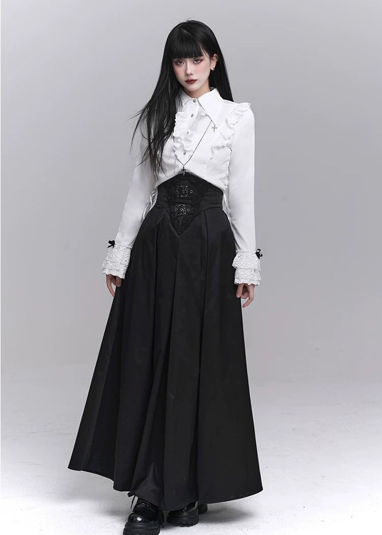 frill blouse & high waist pleated long skirt / LG1224