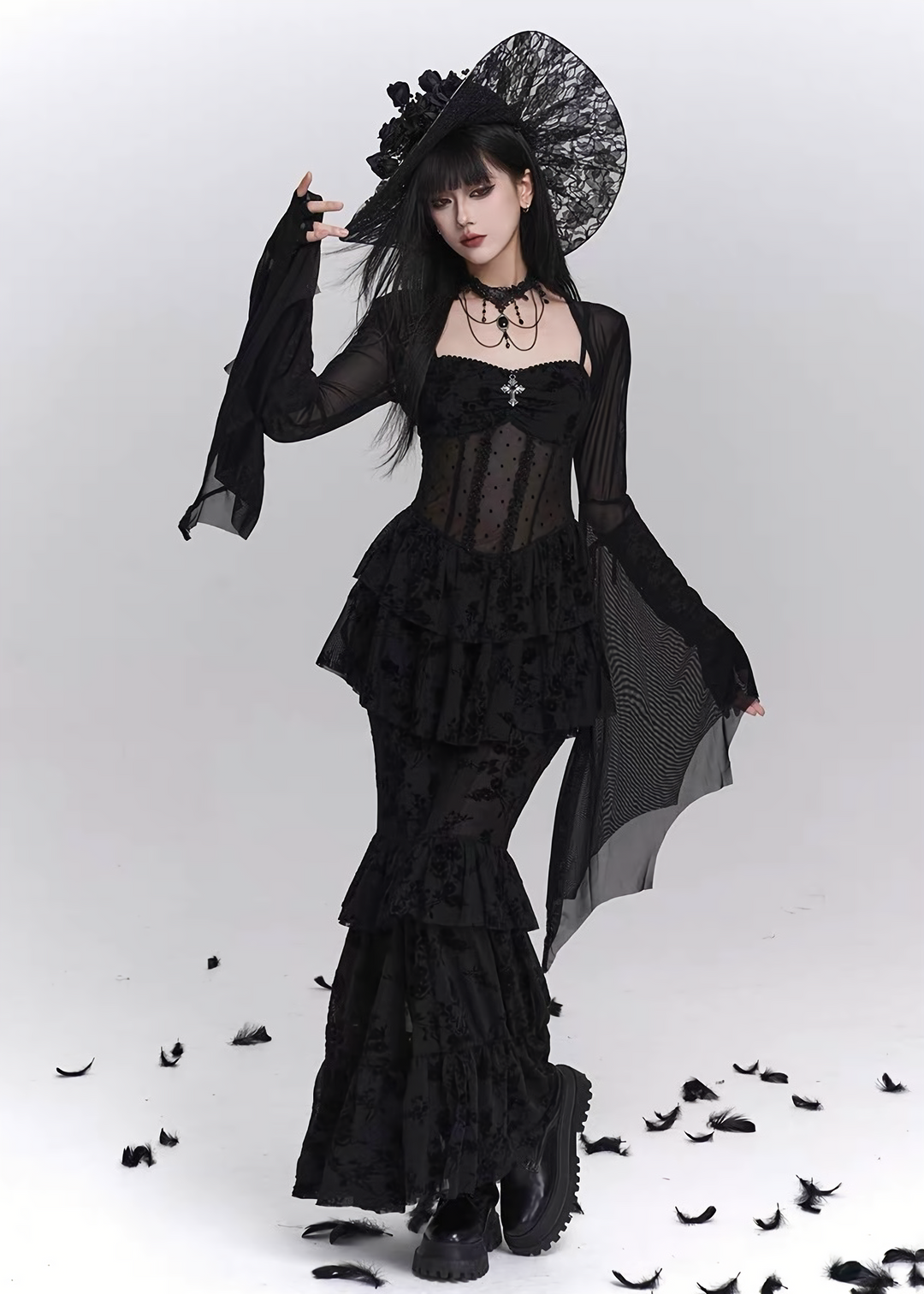 Nocturne Frill Dress & Shadow Sheer Cardigan / LG1408