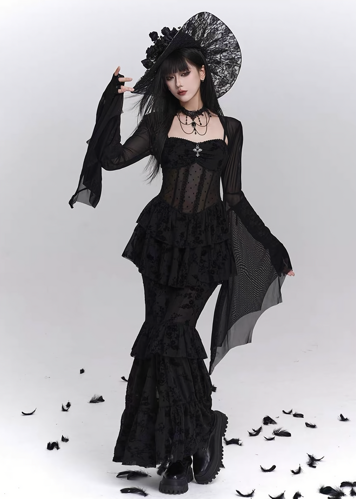 Nocturne Frill Dress & Shadow Sheer Cardigan / LG1408