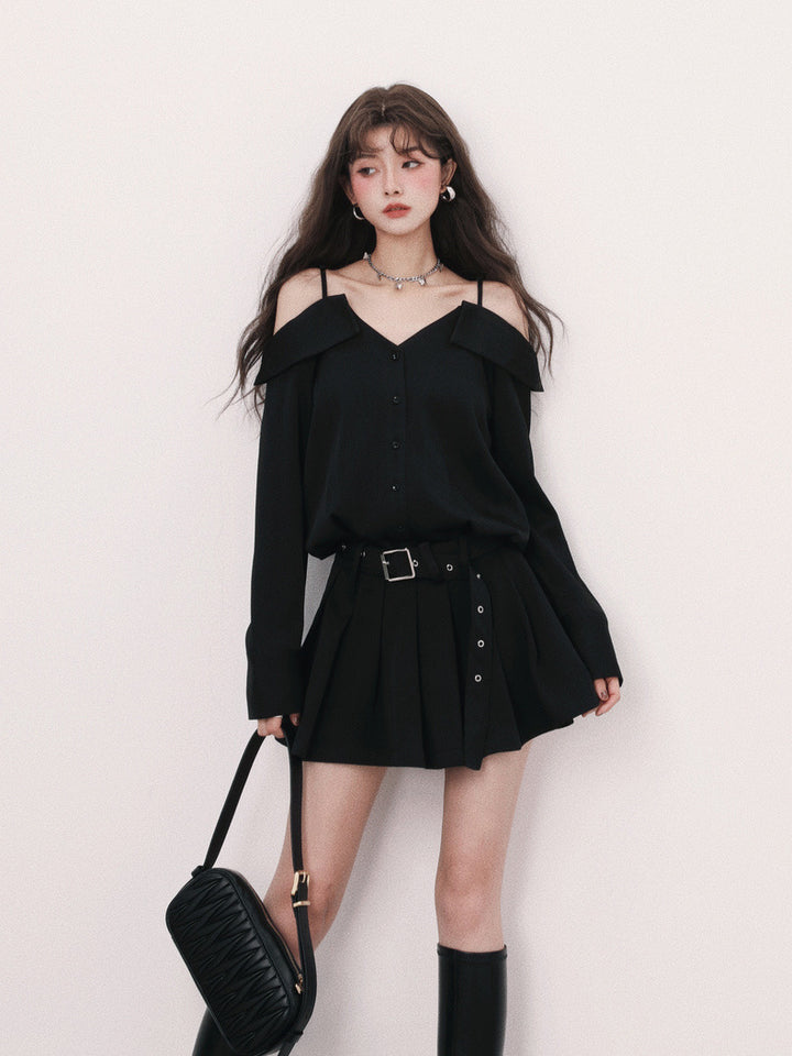 suspender off shoulder mini dress / mu1126