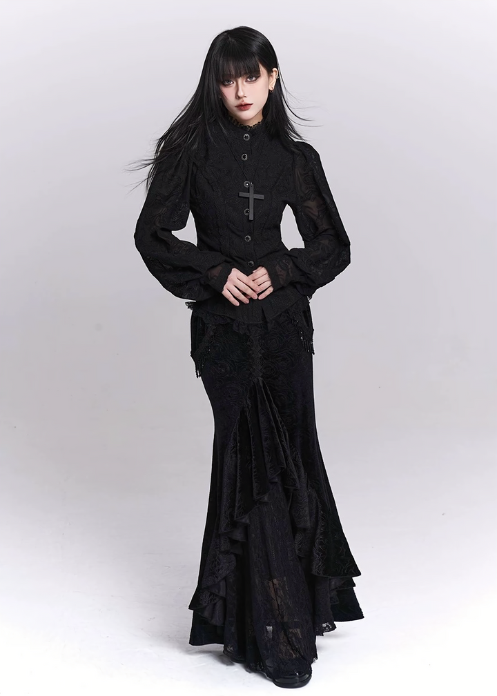 Black Jacquard Fishtail Long Skirt / LG1521