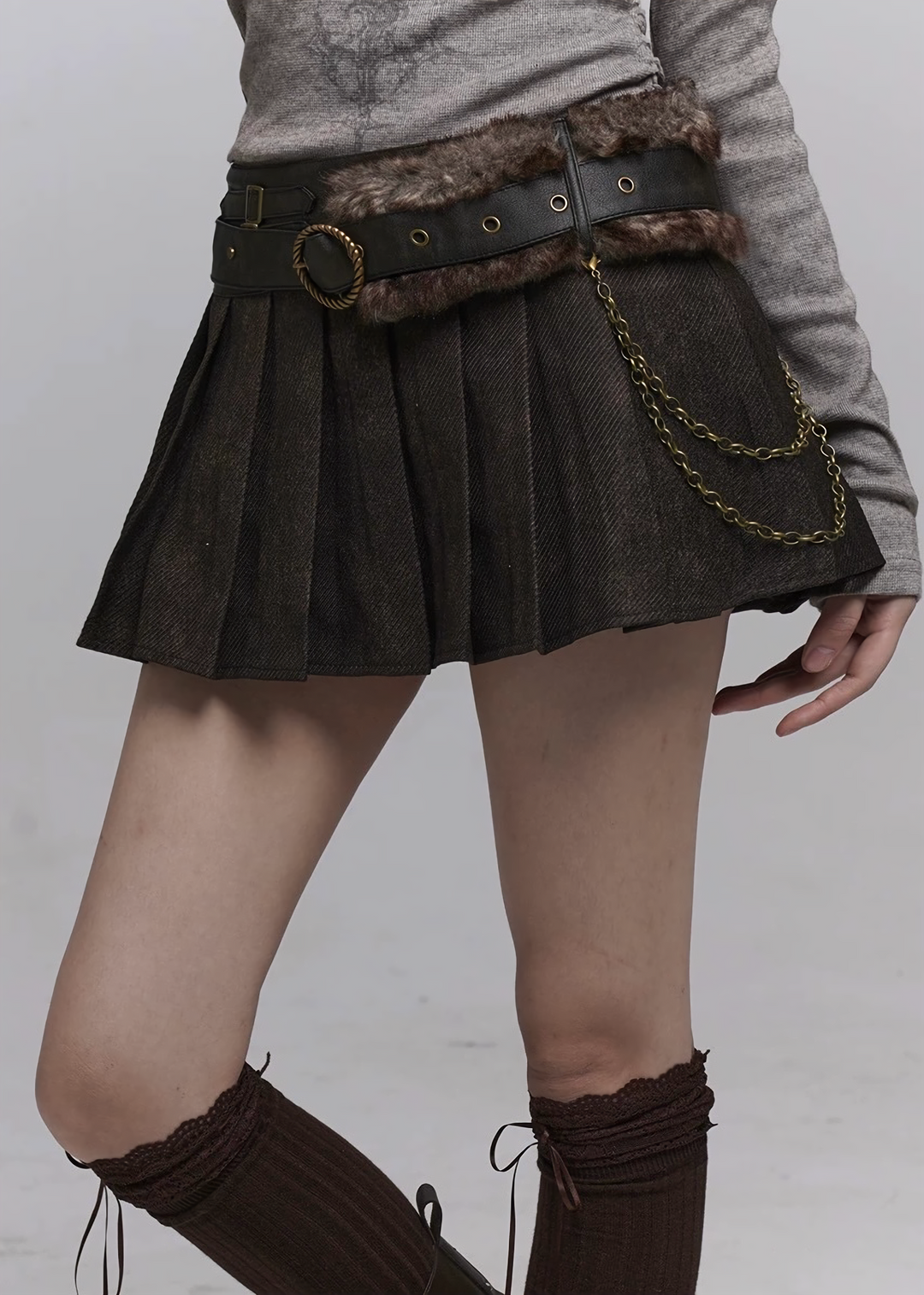 CHAIN BELT PLEATED MINI SKIRT / lg1333