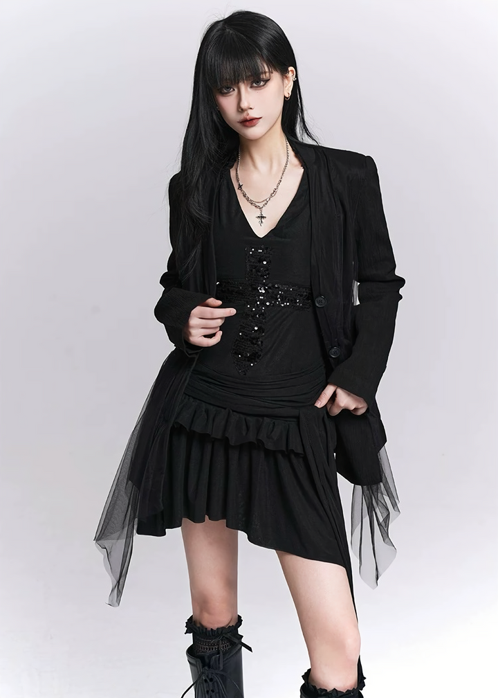 Sheer Pleats Layered Long Shirt / LG1517