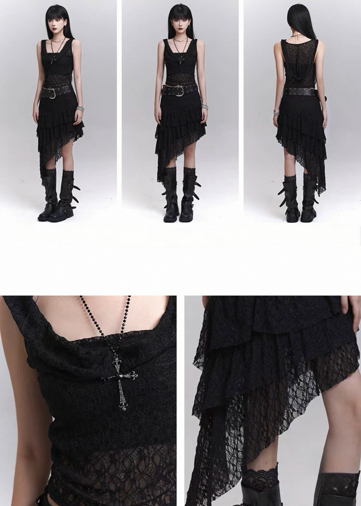 Sheer gathered hood cami &amp;amp; layered chiffon long skirt / lg1315 