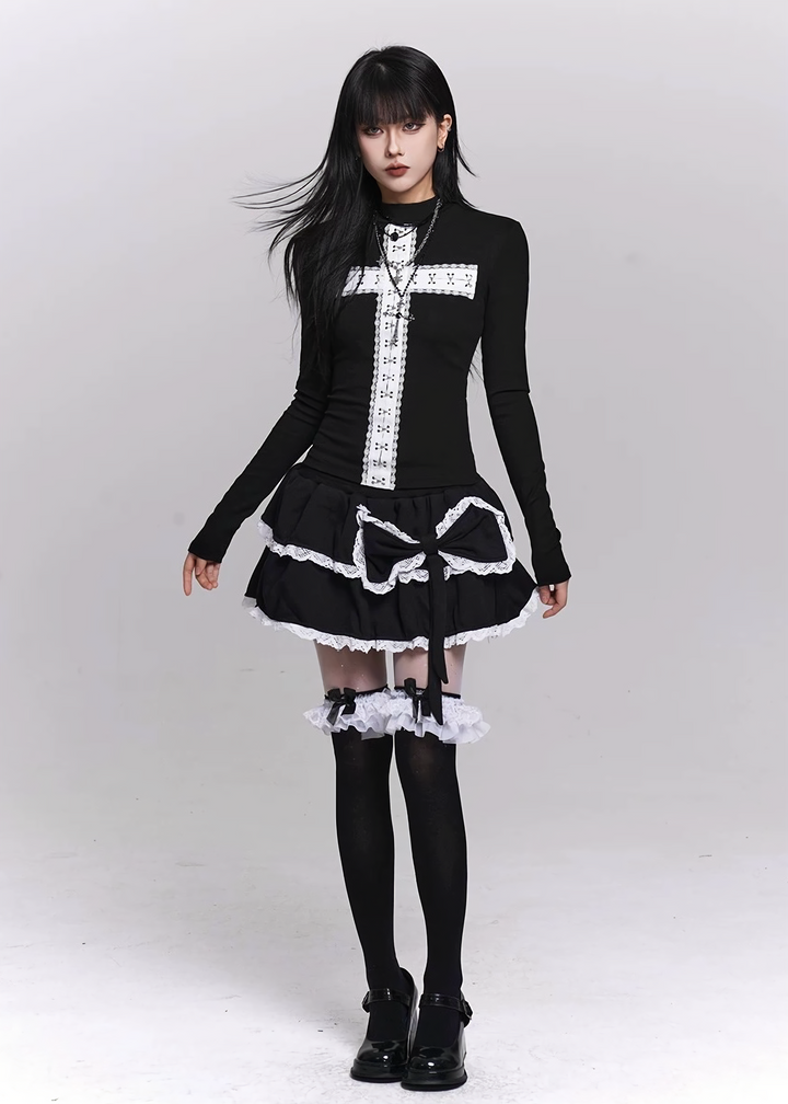 LACE TRIM TIERED SKIRT / LG1492