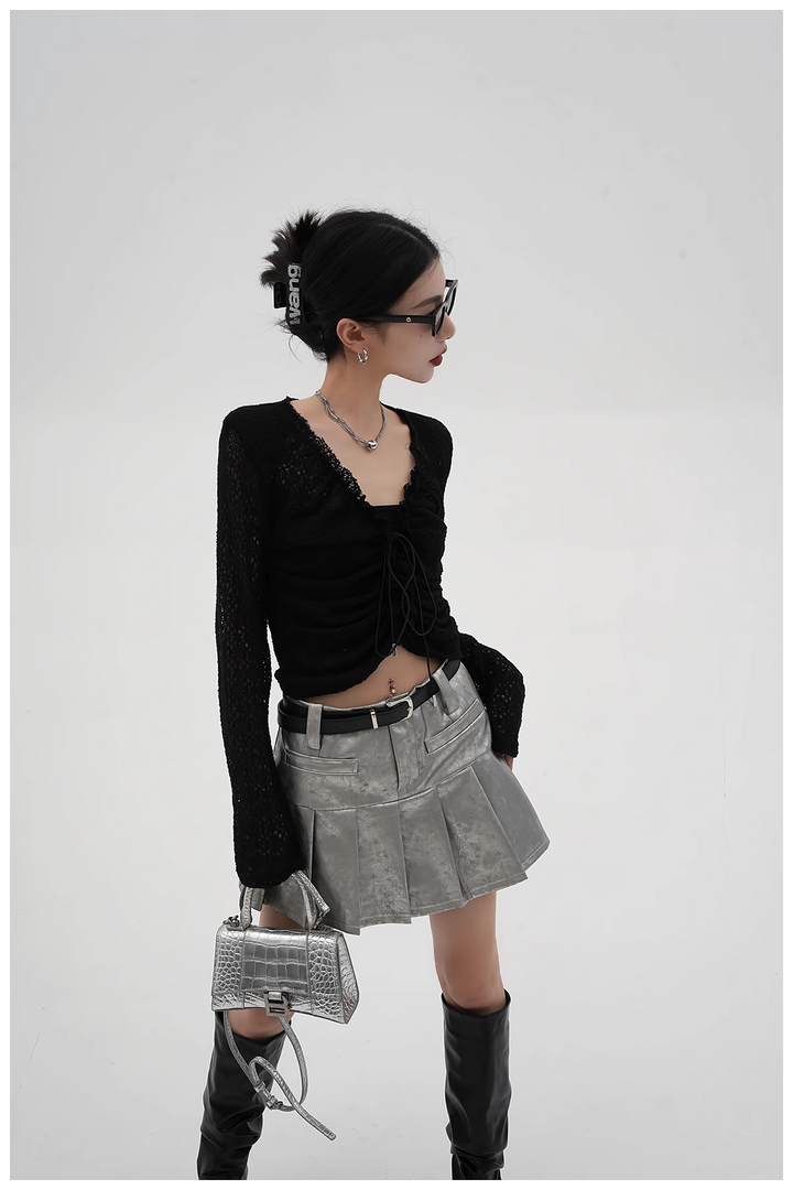 pu leather pleated skirt/sr1103